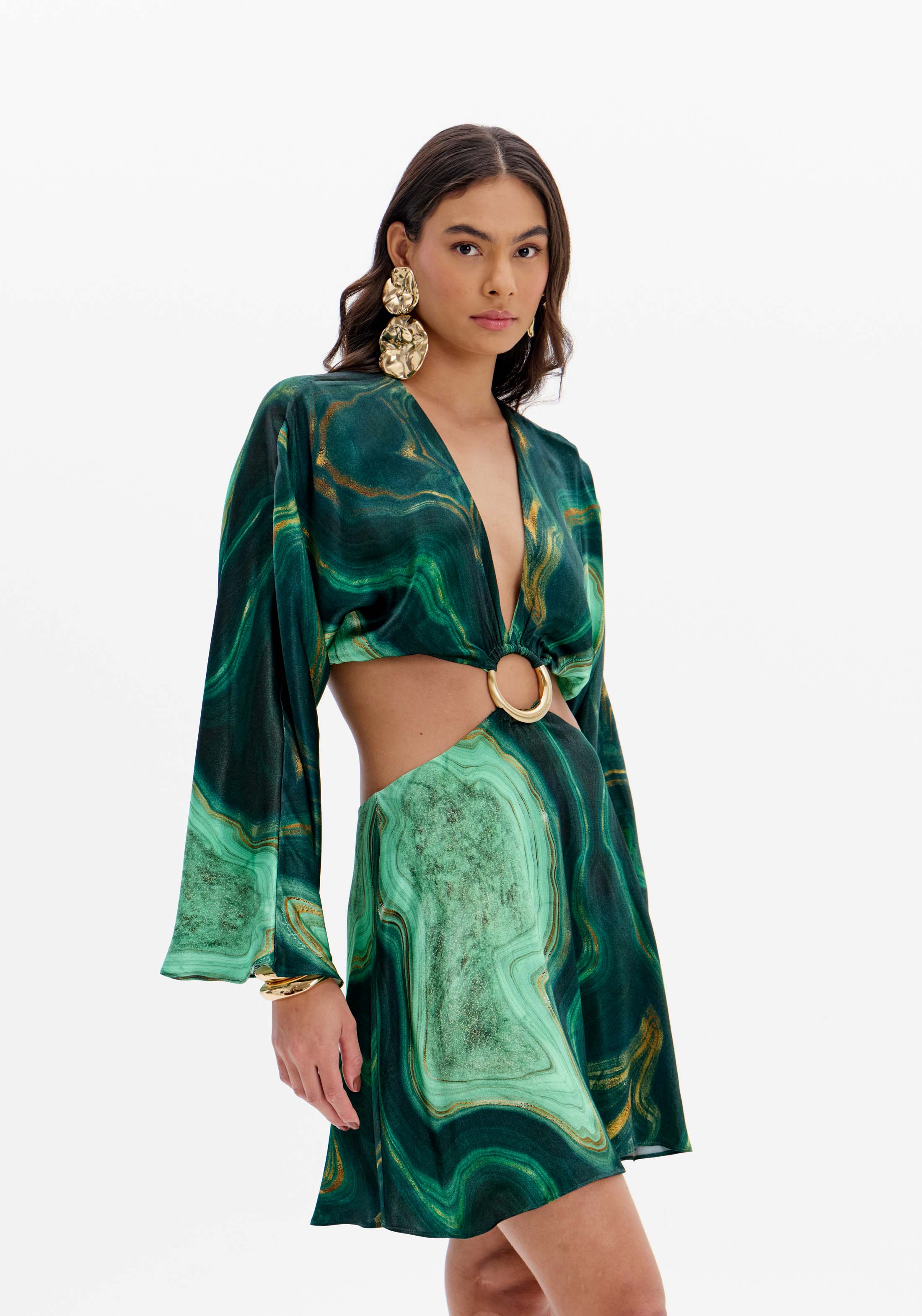 Vestido curto estampado com detalhe de argola e manga comprida Lança Perfume