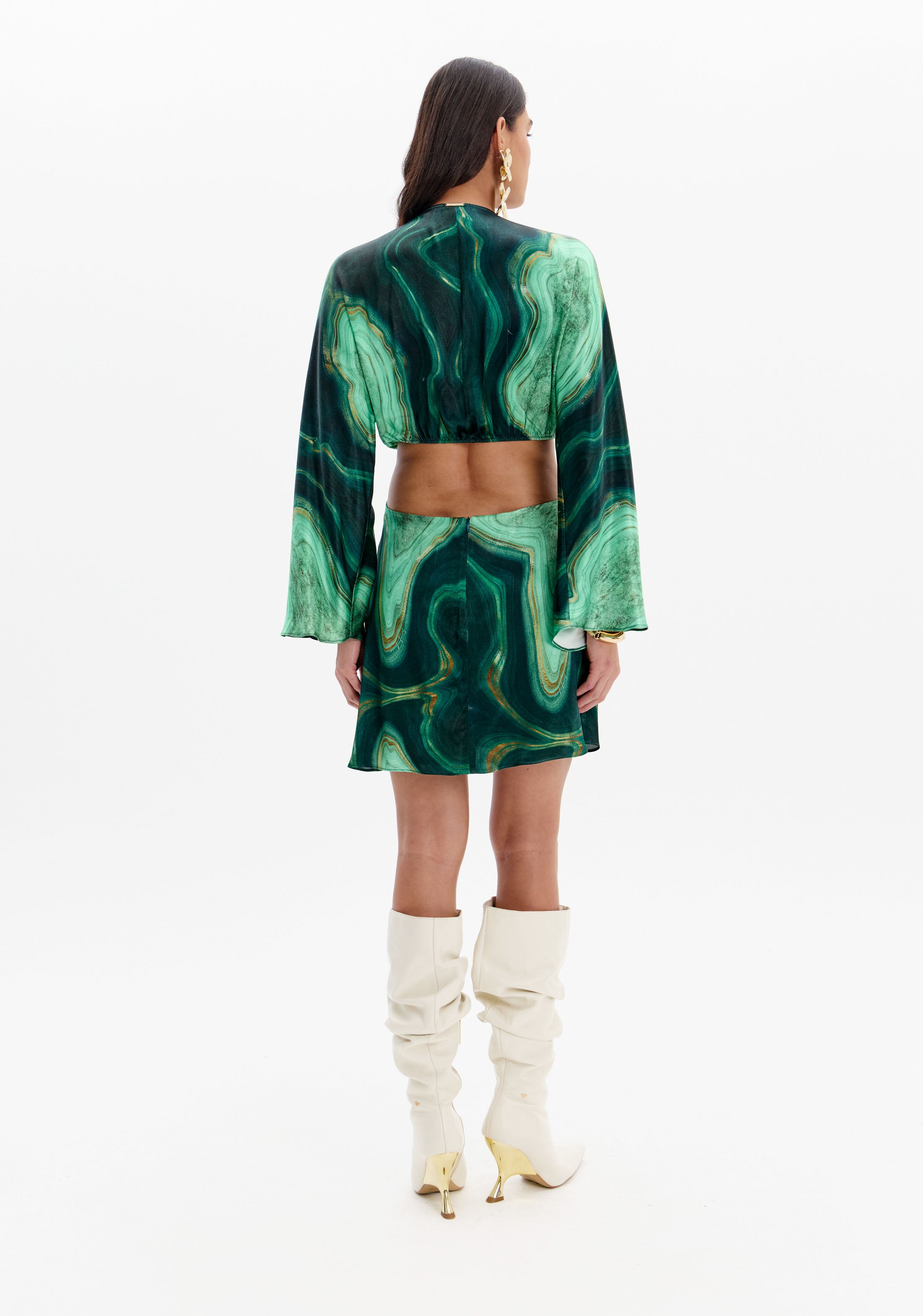 Vestido curto estampado com detalhe de argola e manga comprida Lança Perfume