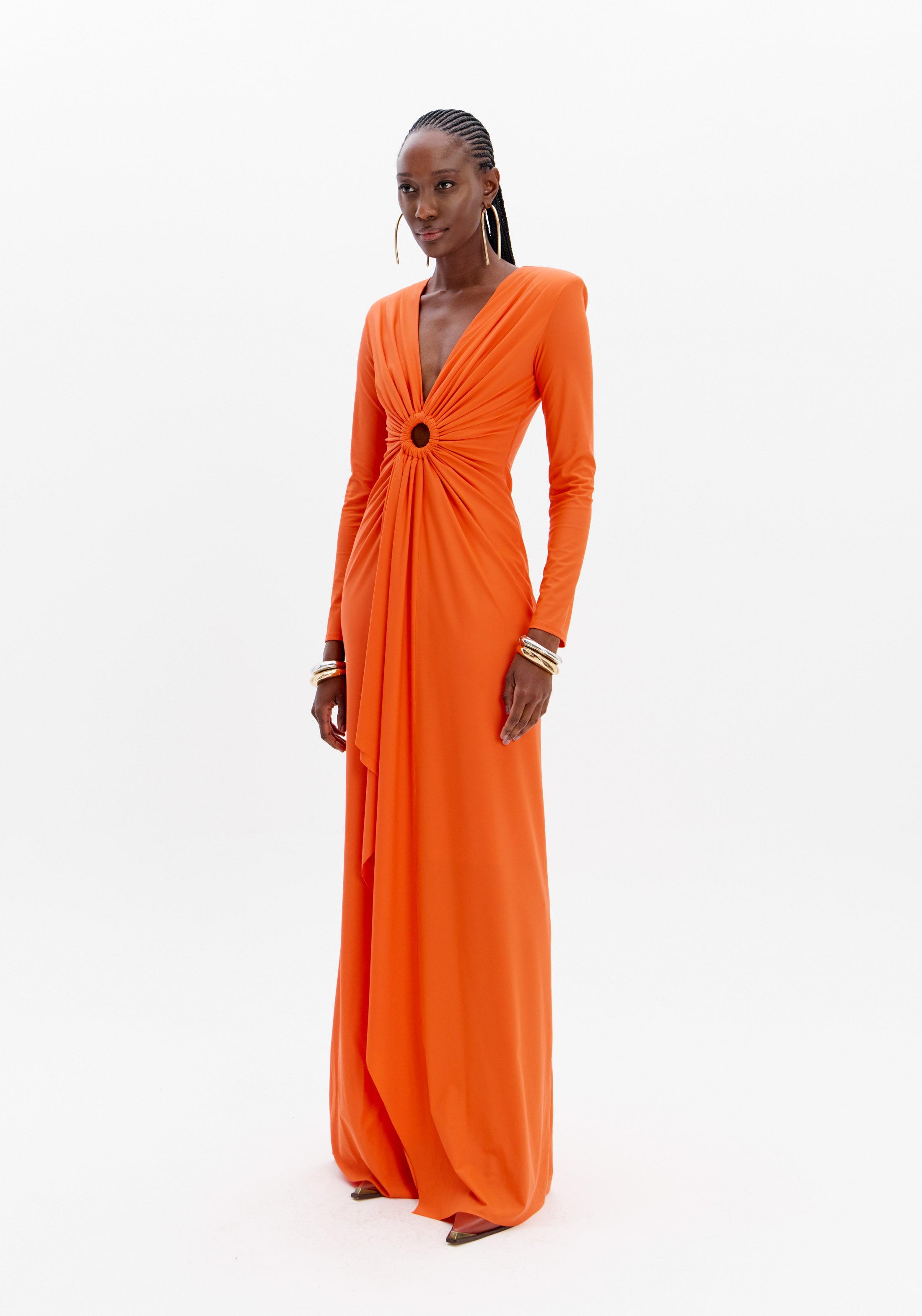 Draped Long Dress with V-Neckline and Ring Detail Lança Perfume
