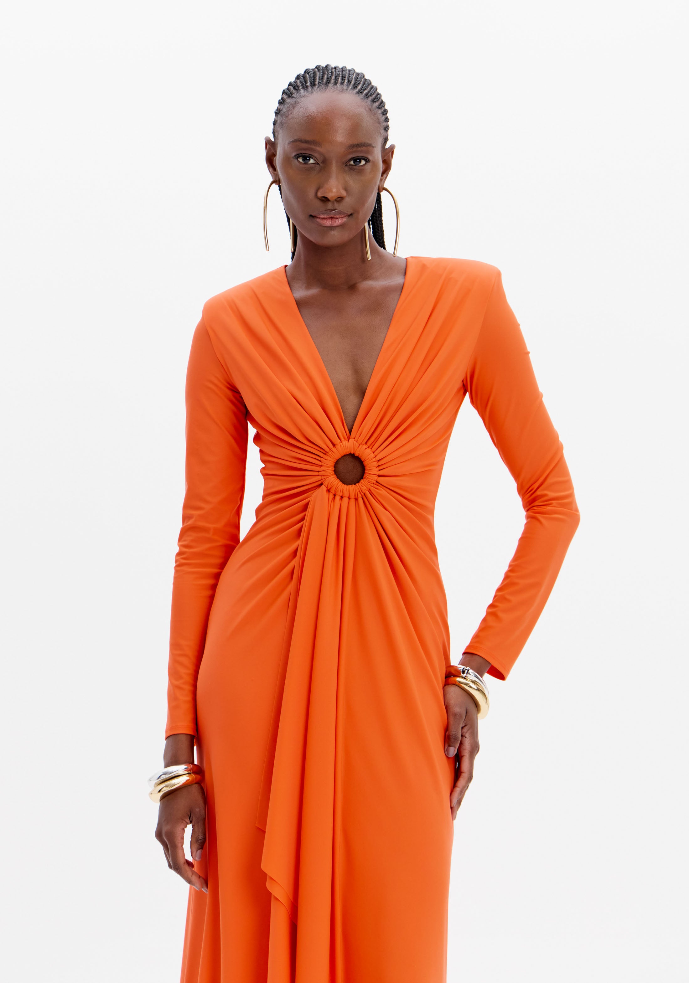 Draped Long Dress with V-Neckline and Ring Detail Lança Perfume