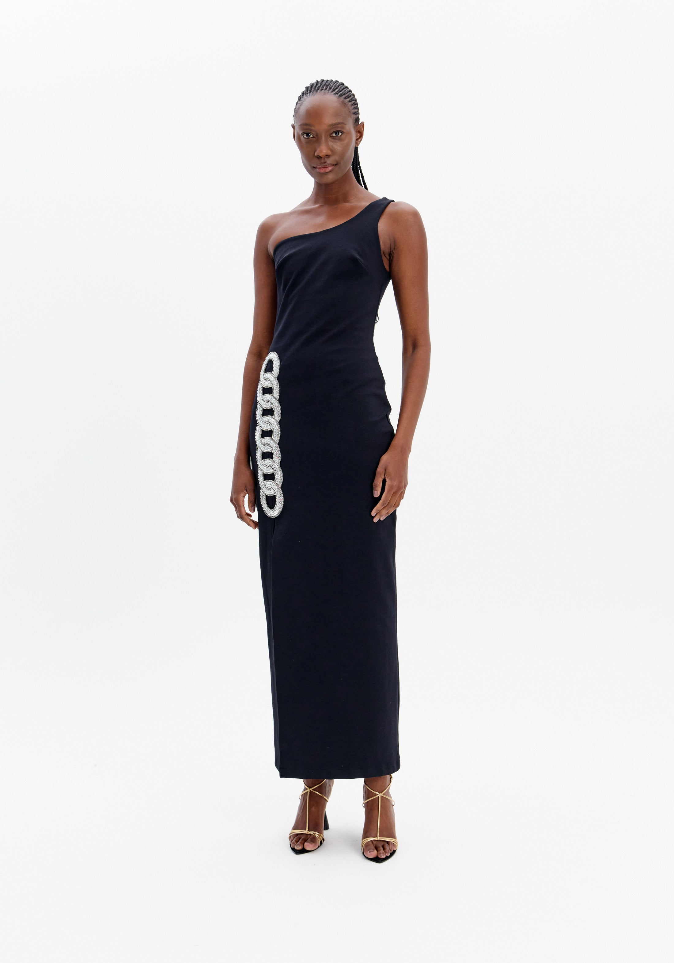 One-Shoulder Super Midi Dress with Sparkle – Modern and Sophisticated Lança Perfume