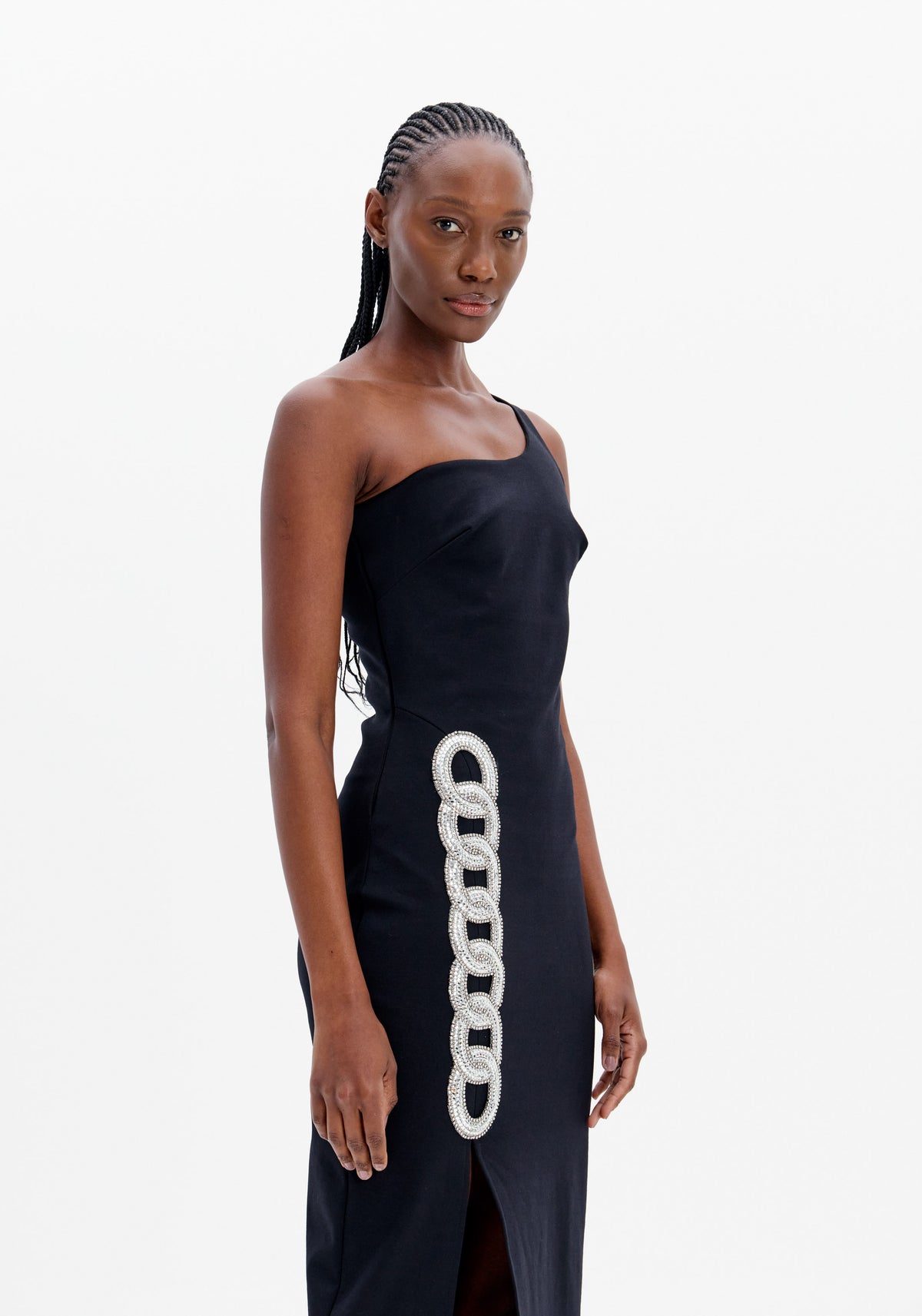 Vestido Super Midi Um Ombro com Brilho – Moderno e Sofisticado Lança Perfume