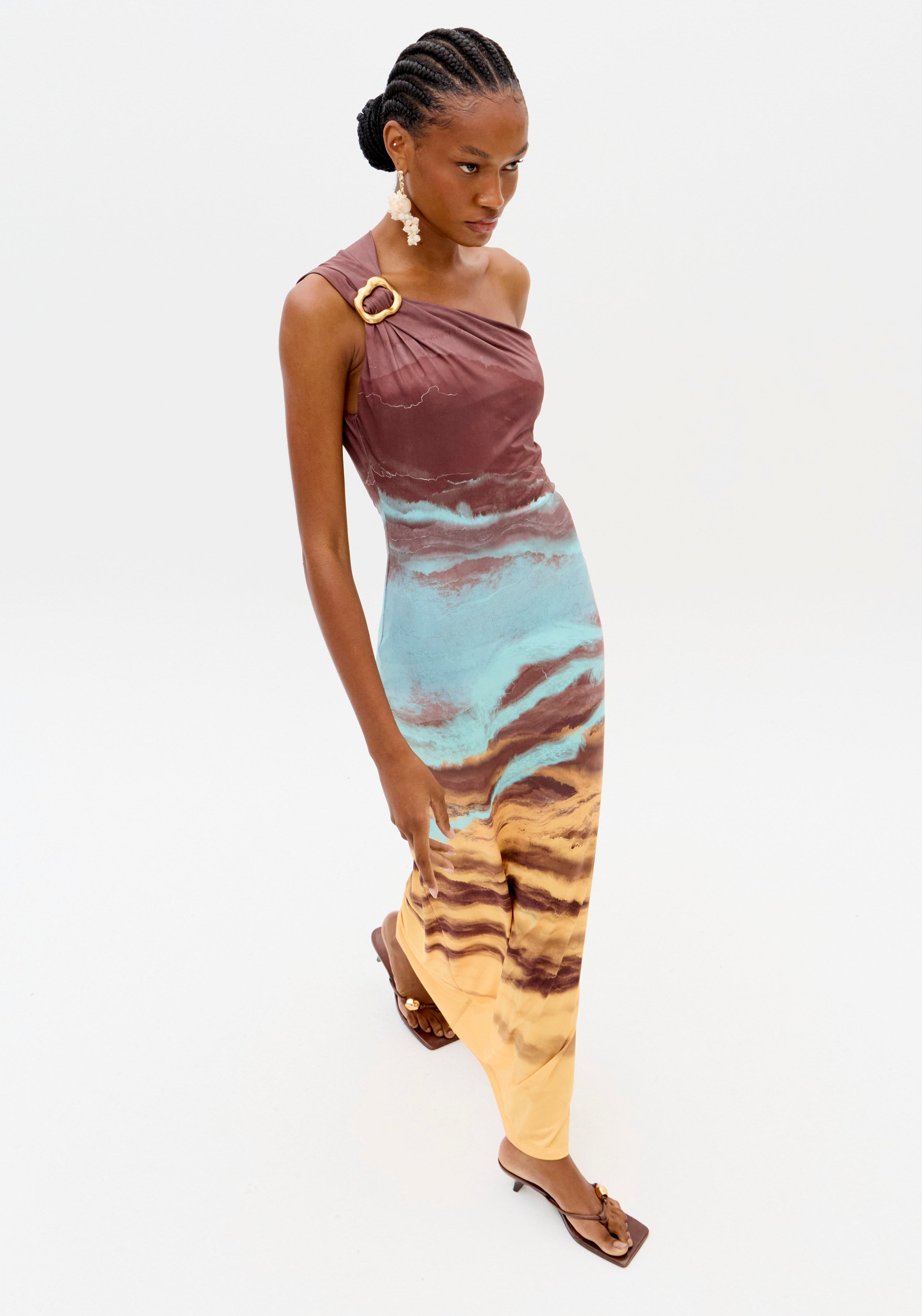 Vestido Maxi de Um Ombro Multicor Lança Perfume