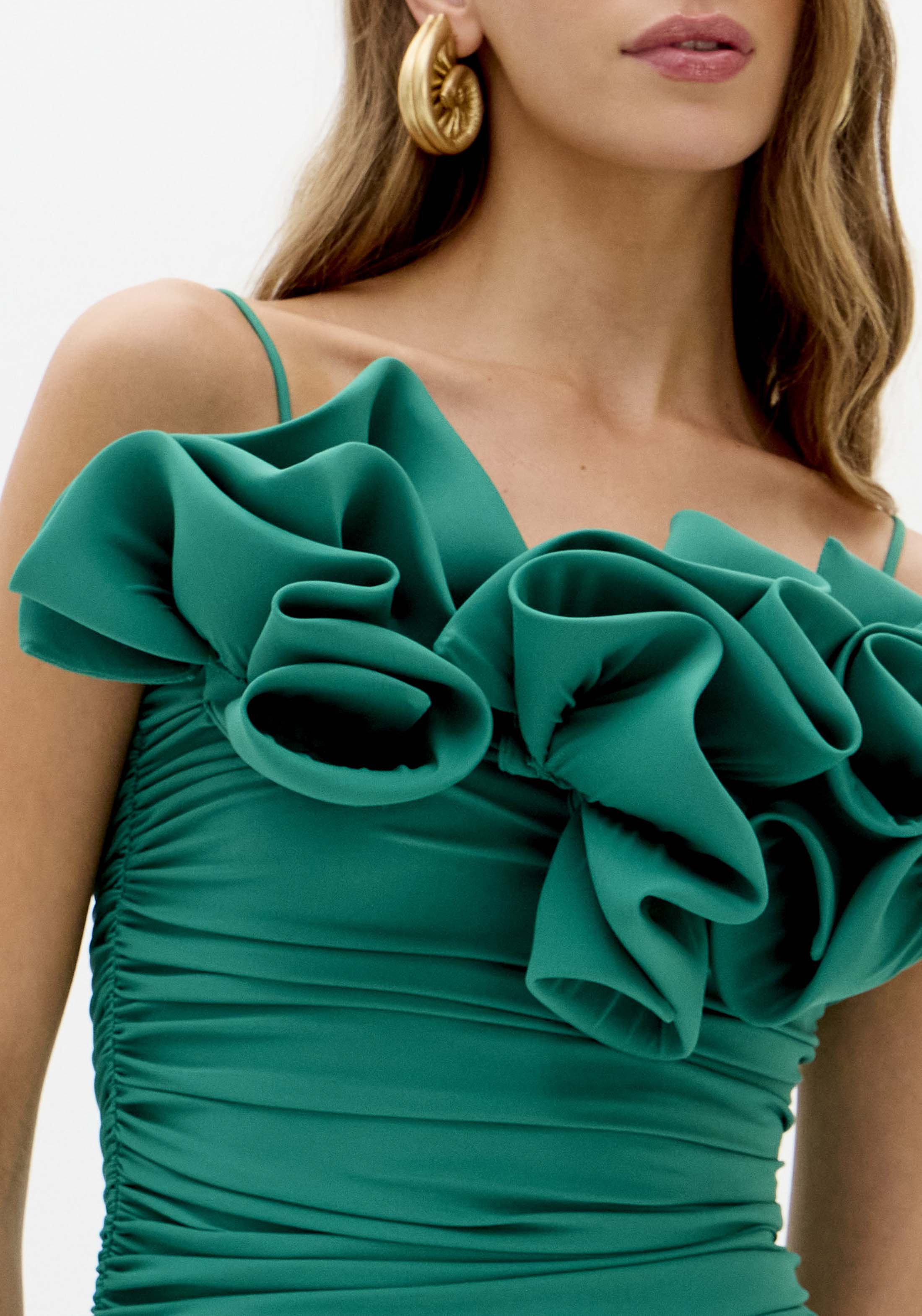 Vestido Super Midi com Folhos Lança Perfume