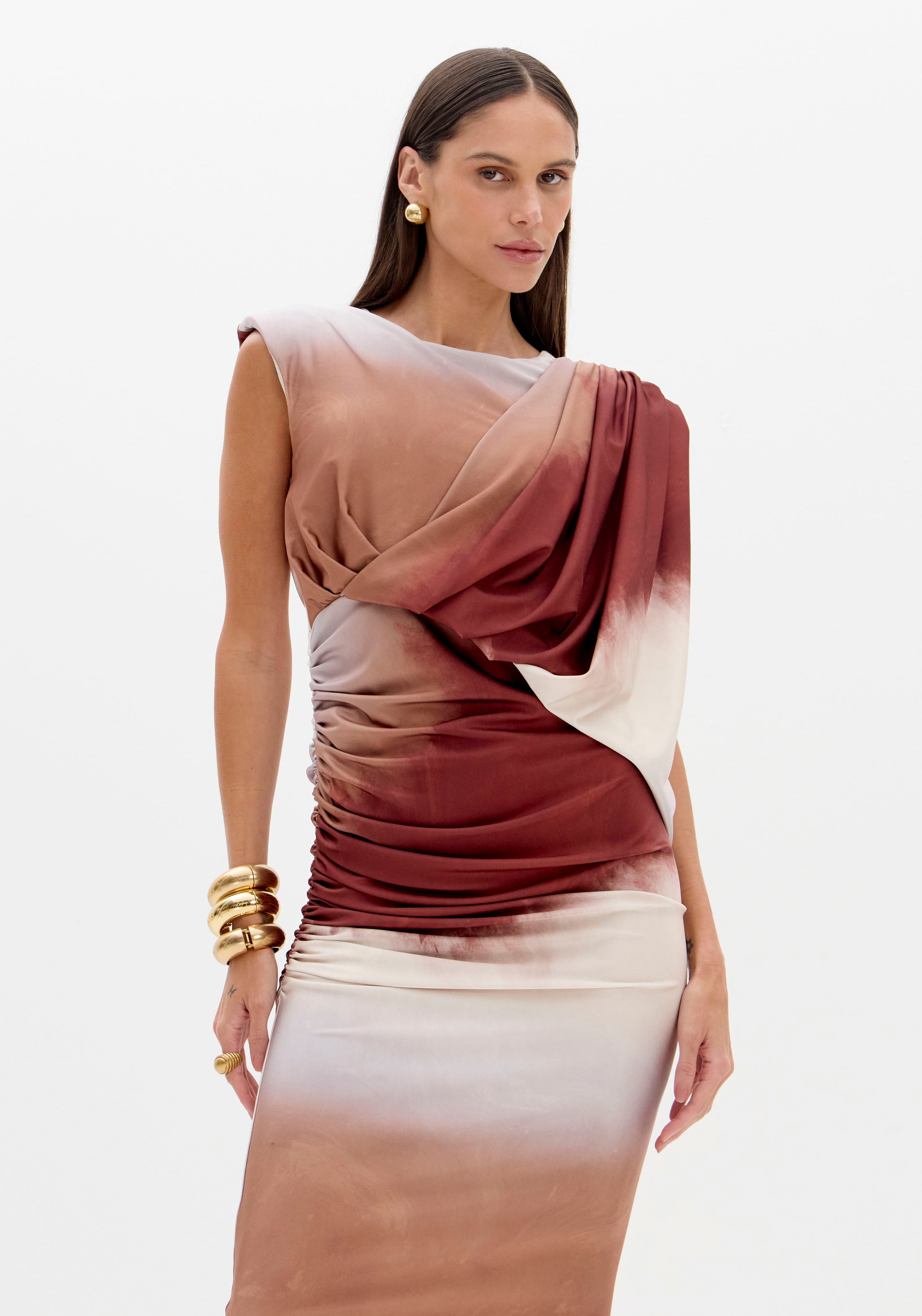 Vestido Super Midi Franzido Estampado Lança Perfume