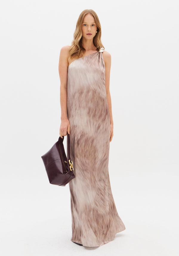 One-Shoulder Satin Maxi Dress with Metallic Detail Lança Perfume