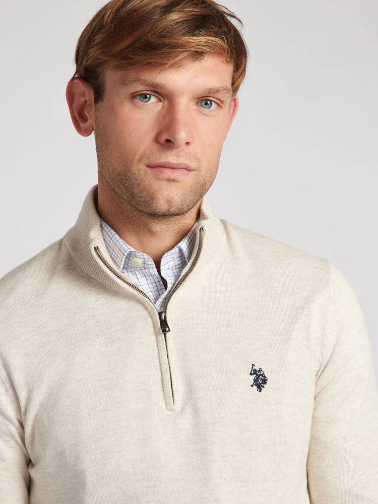 Cream Cotton Funnel Neck 1/4 Zip Knit U.S. Polo Assn.