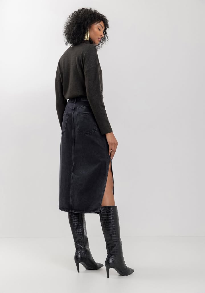 Washed Denim Midi Skirt with High Waist and Side Slits Lez a Lez