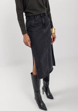 Washed Denim Midi Skirt with High Waist and Side Slits Lez a Lez