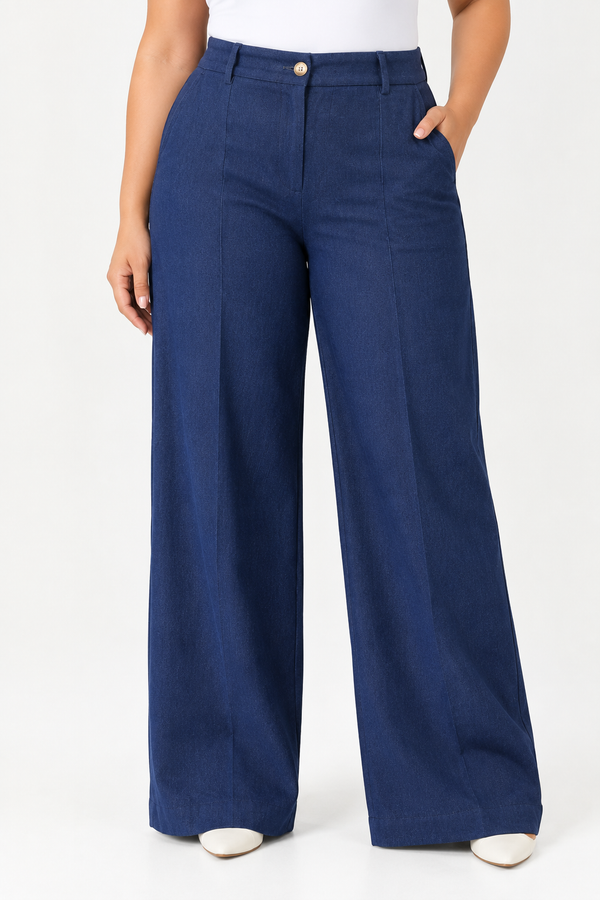 Blue High-Waist Straight-Leg Denim-Look Trousers Quattro Venti