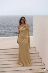 Asymmetric Satin Gown with Matching Scarf Sahoco