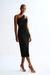 Vestido Midi Um Ombro Só em Crepe com Cut Out Lez a Lez