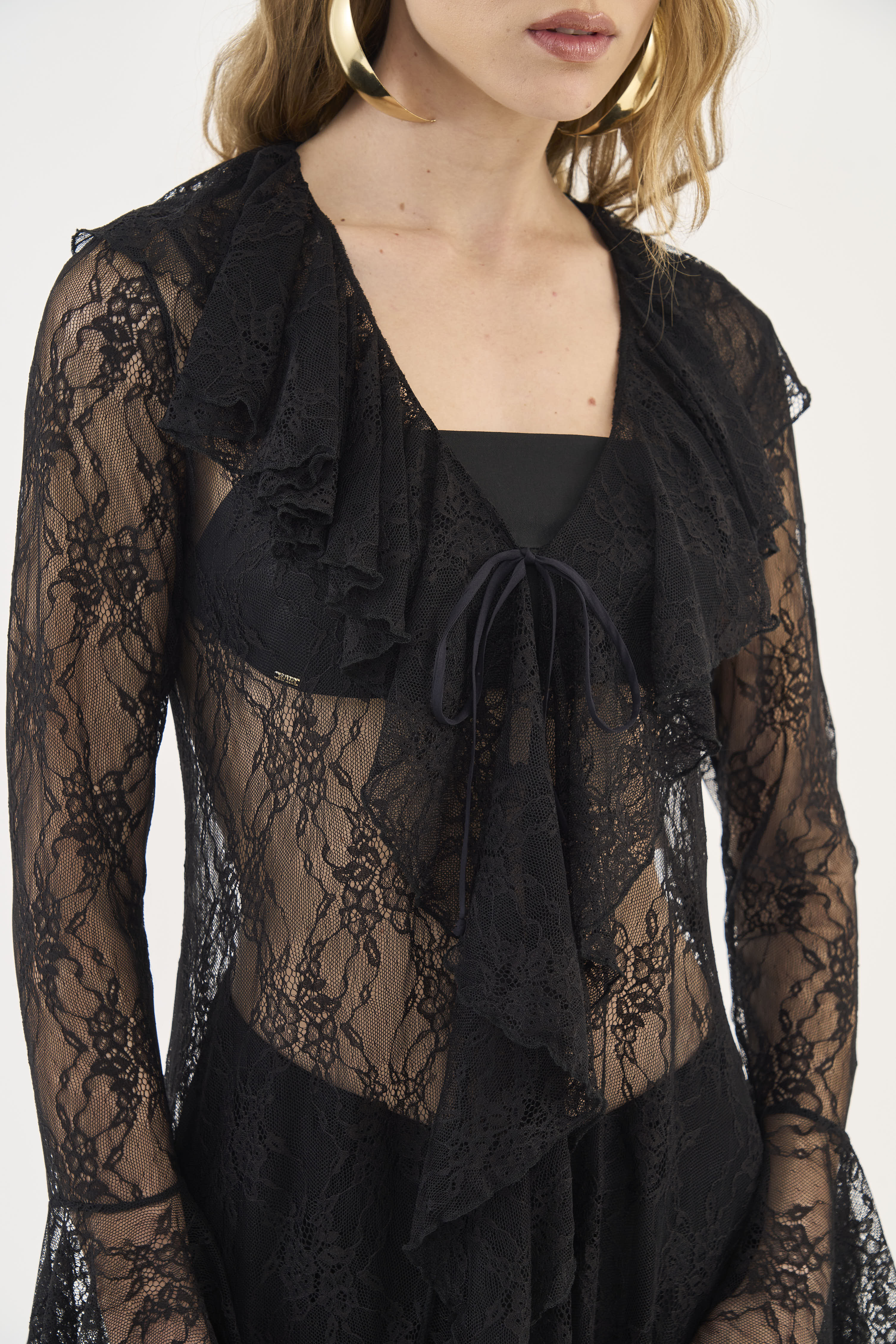 Sheer Lace Shirtdress with Ruffles Colcci