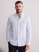 Camisa de Manga Comprida com Riscas em Mistura de Linho Azul U.S. Polo Assn.