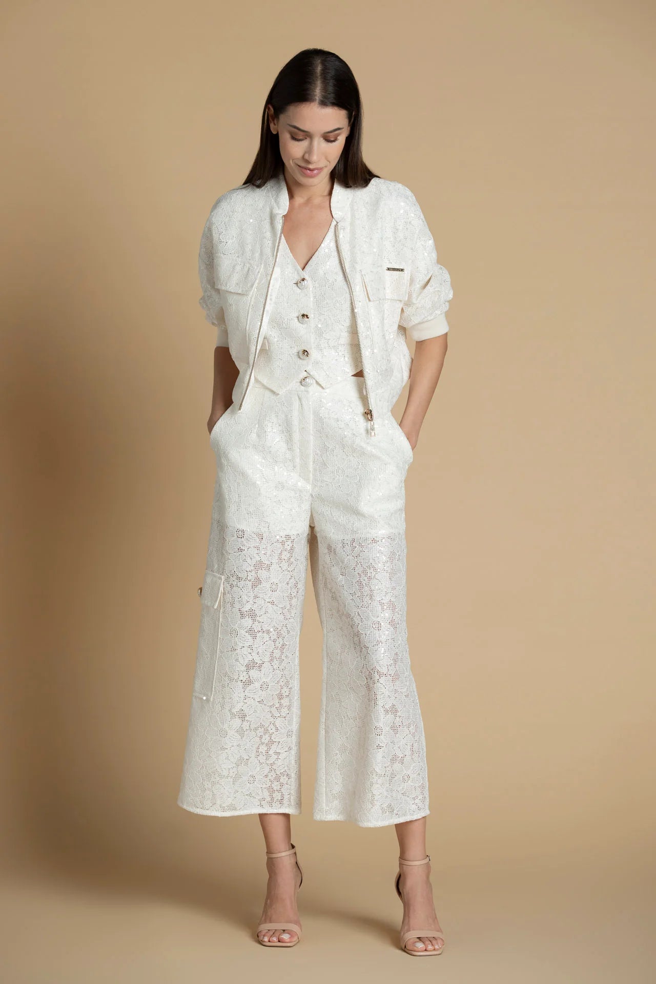 V-Neck Lace Vest with Pearl Buttons Sahoco