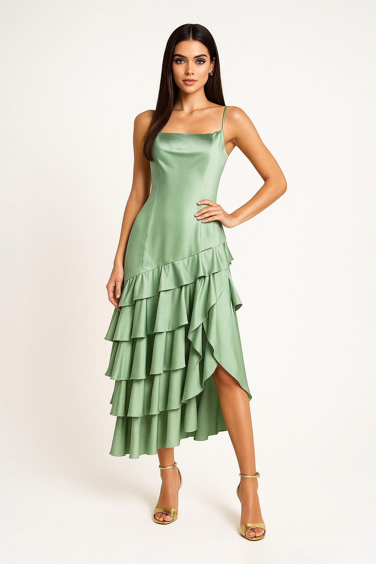 Vestido midi assimétrico com babados Sahoco