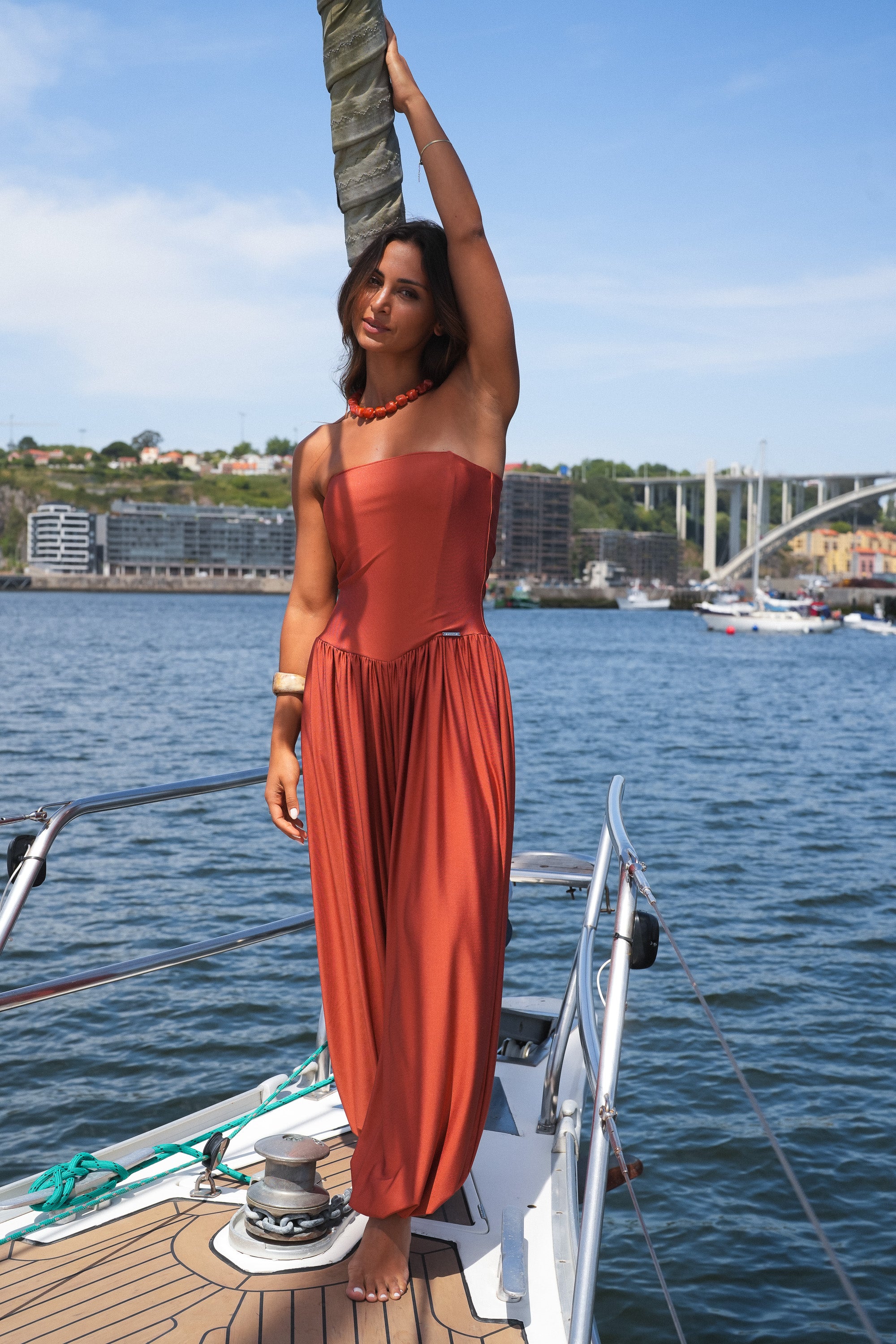 Strapless Fluid Jumpsuit with Side Slit Sahoco