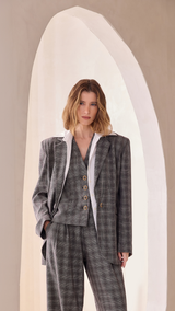 Grey 2-in-1 Double-Breasted Check Blazer with Attached Shirt Lança Perfume
