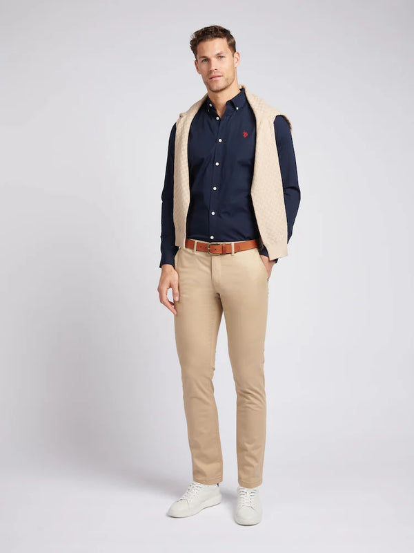 Dark Blue Stretch Cotton Mens Poplin Shirt U.S. Polo Assn.