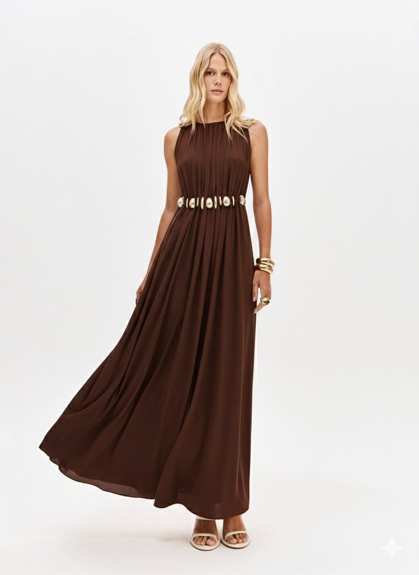 Vestido Super Midi com Cordão e Ferragens Lança Perfume