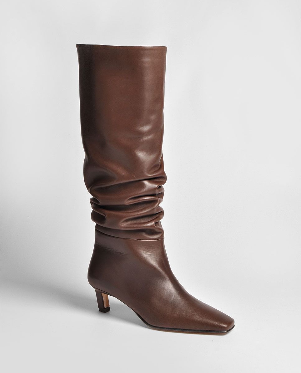 Draped Pull-On High Leg Boots with Low Heel Ruika