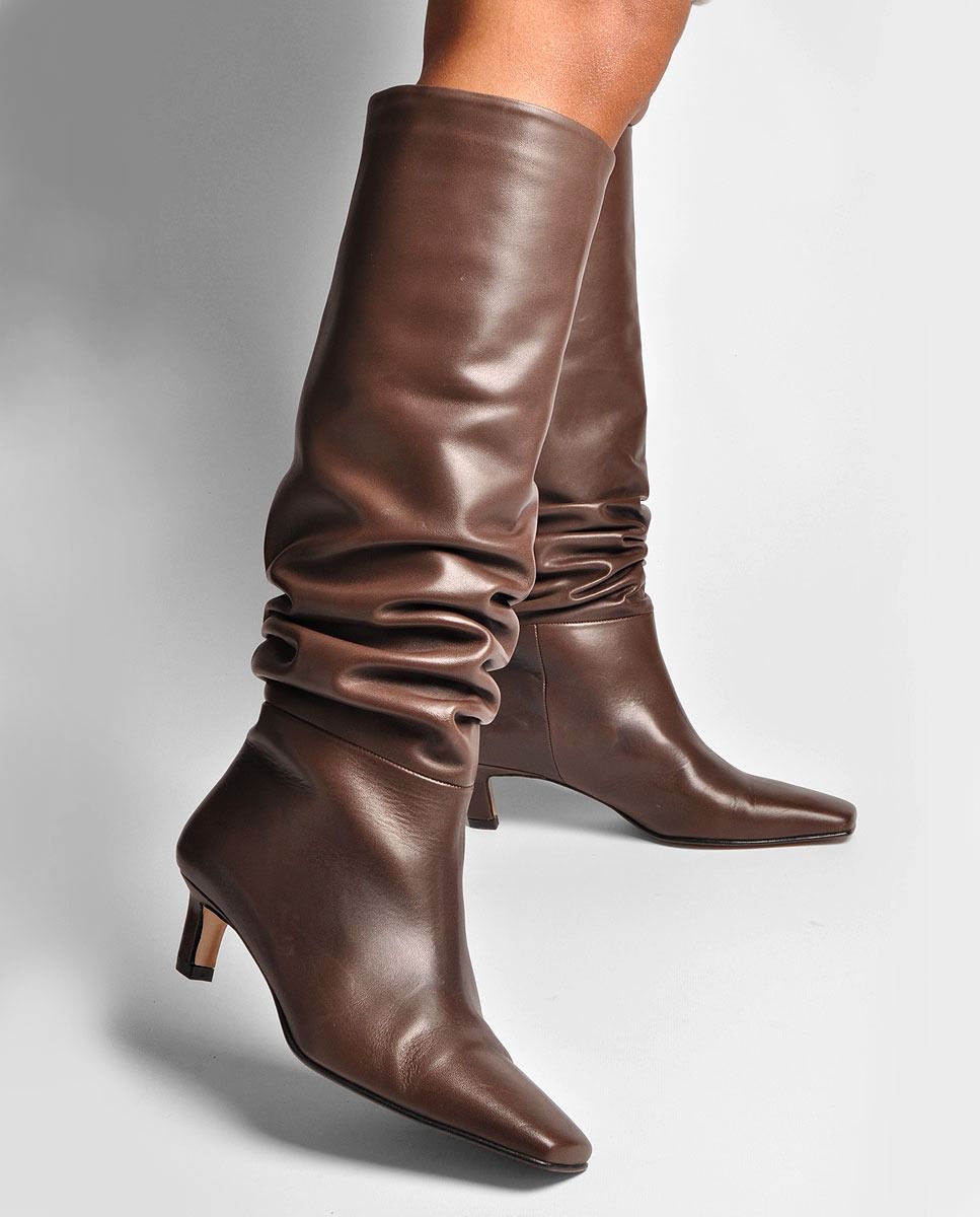 Draped Pull-On High Leg Boots with Low Heel Ruika