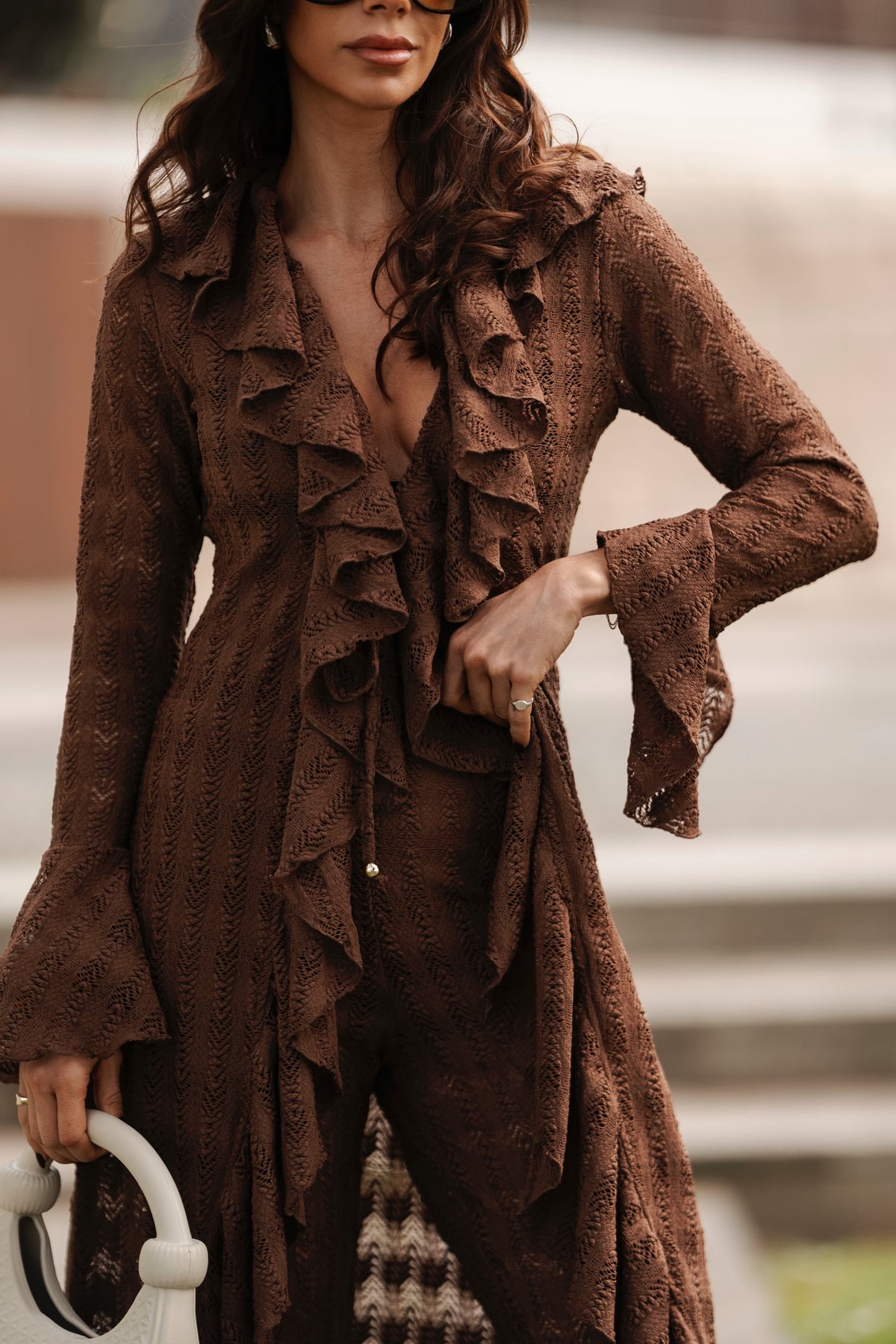 Romantic Floral Lace Duster with Cascading Ruffles Sahoco