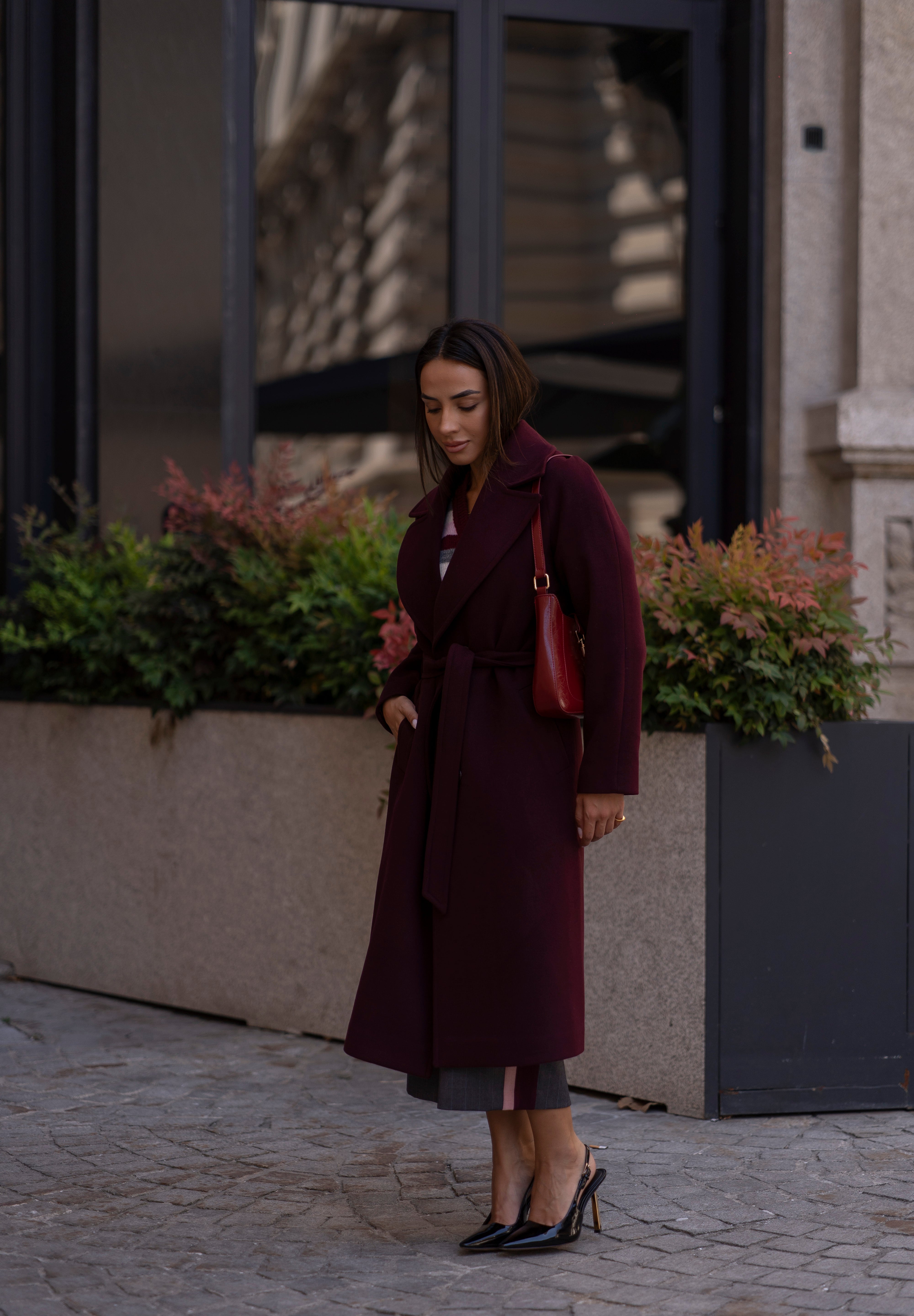 Wide-Collar Belted Long Coat Sahoco