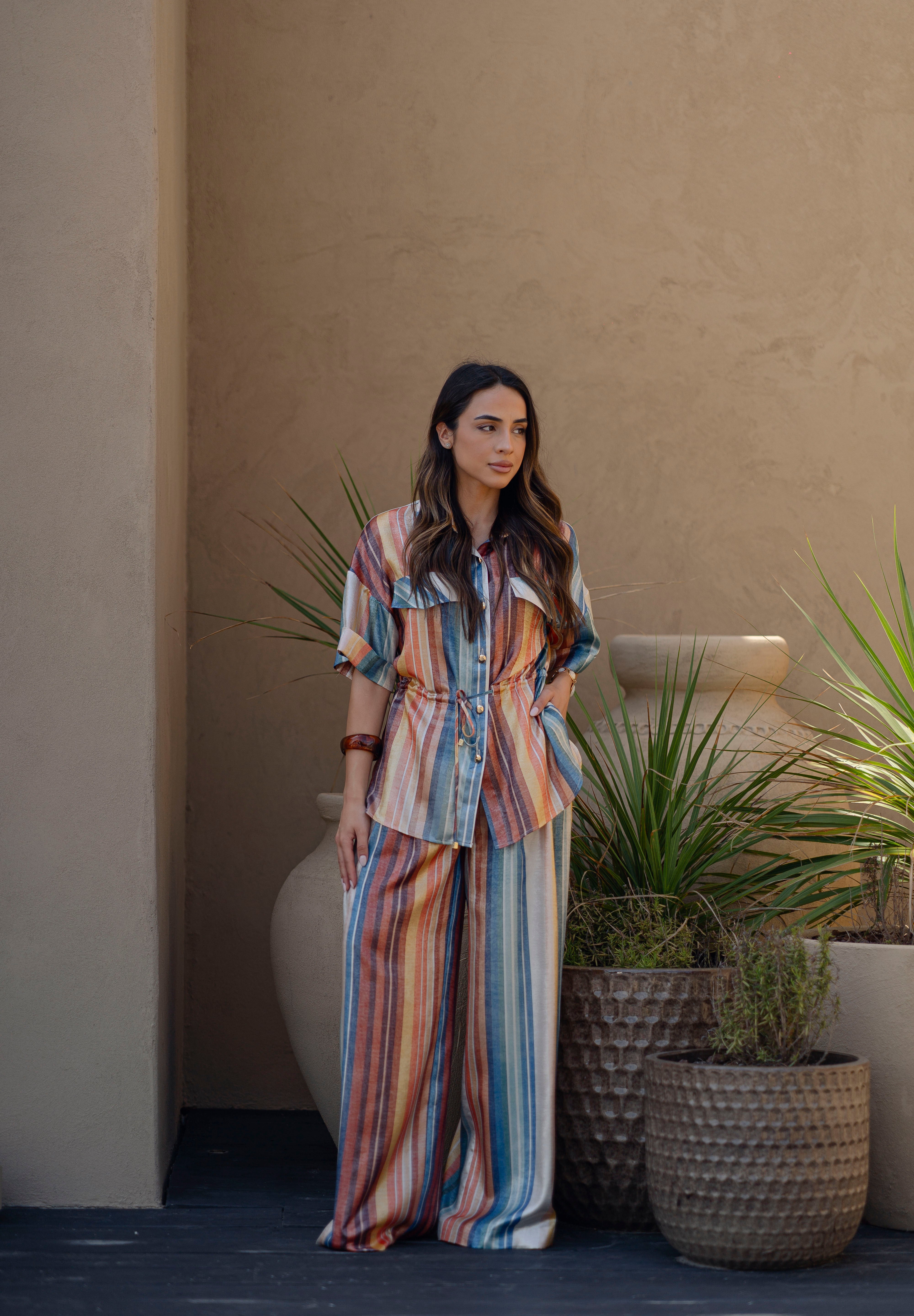 Satin Wide-Leg Pants in Multicolor Stripes Sahoco