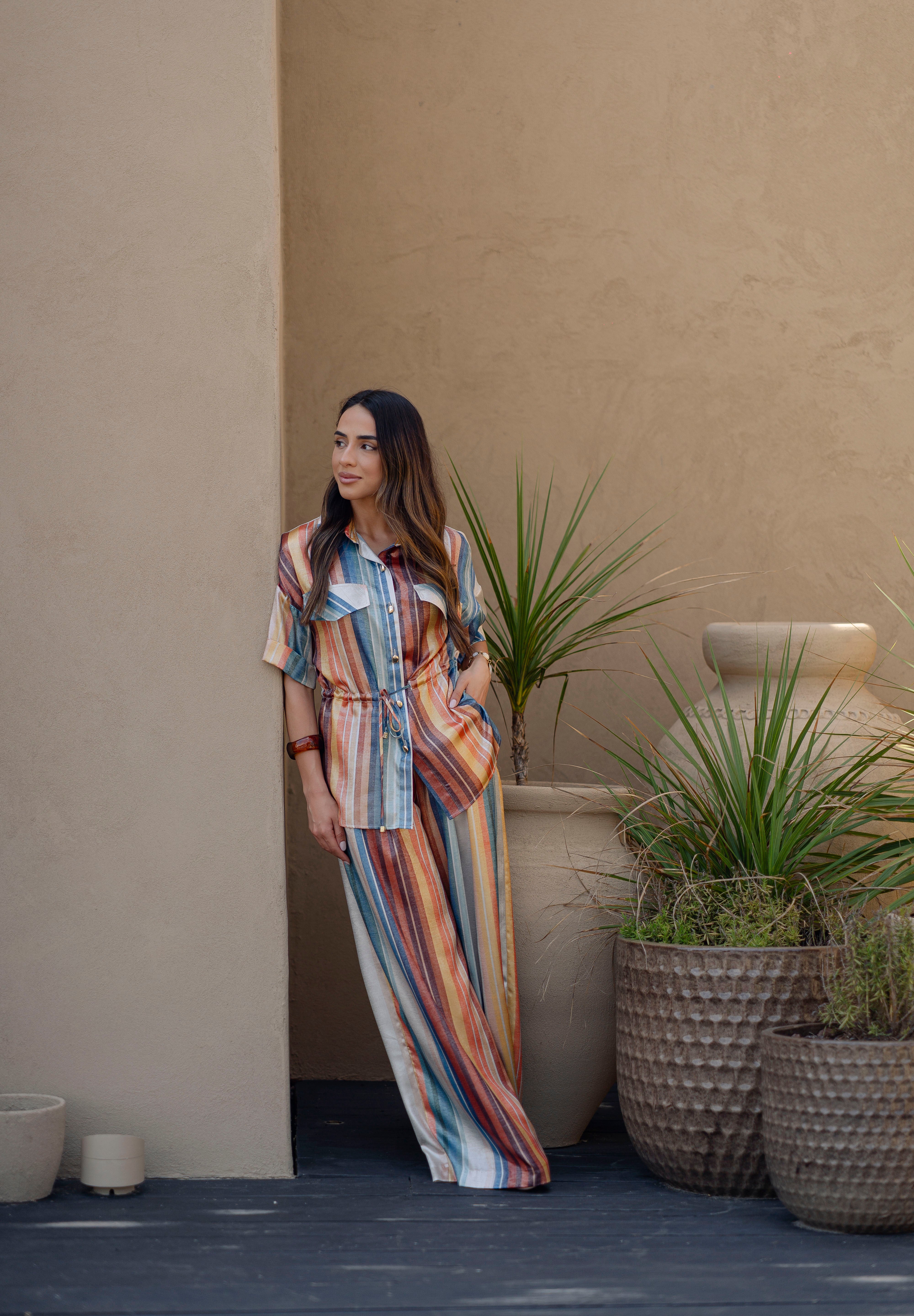 Satin Wide-Leg Trousers Vibrant Multicolor Stripes Sahoco