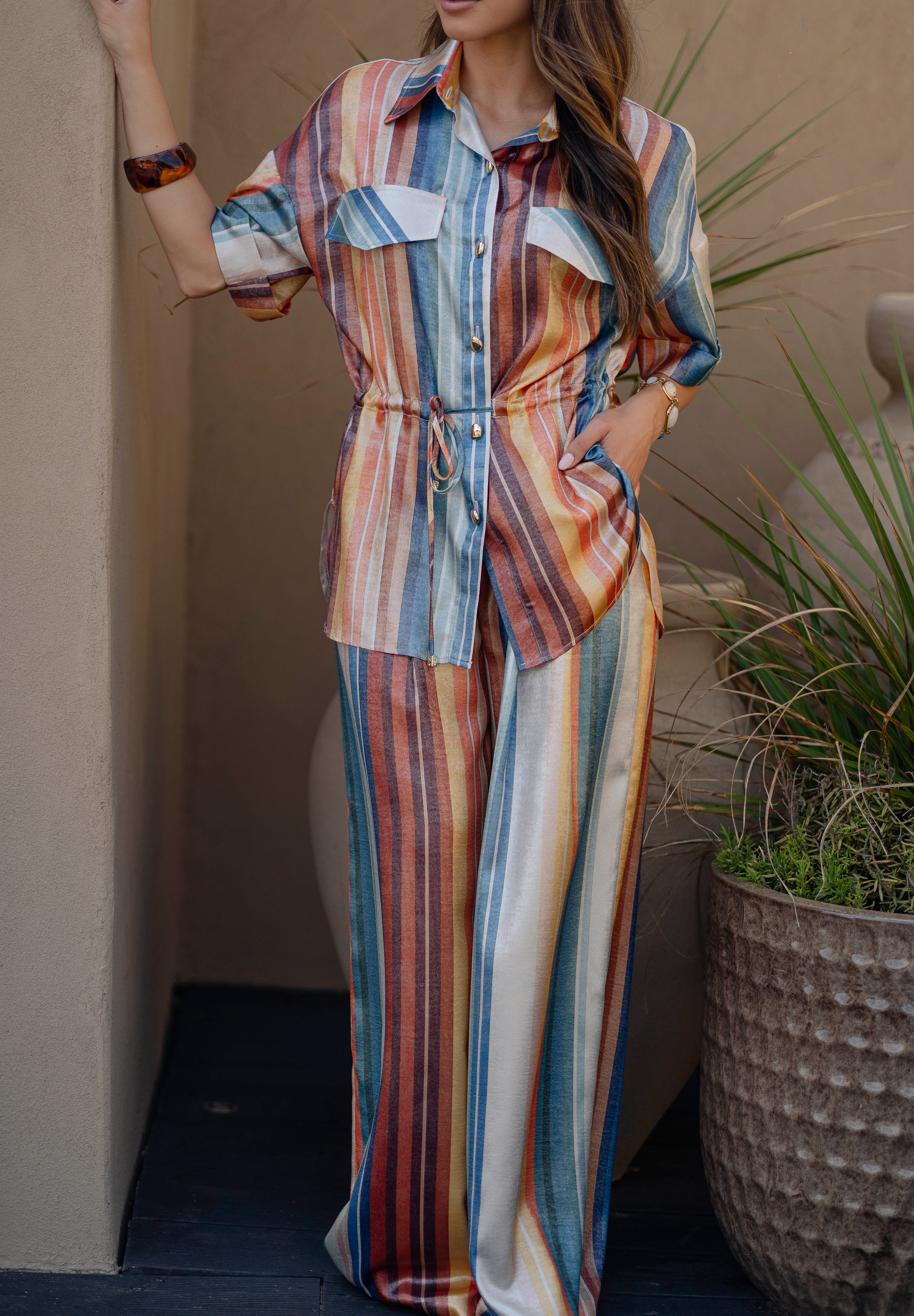 Satin Wide-Leg Pants in Multicolor Stripes Sahoco