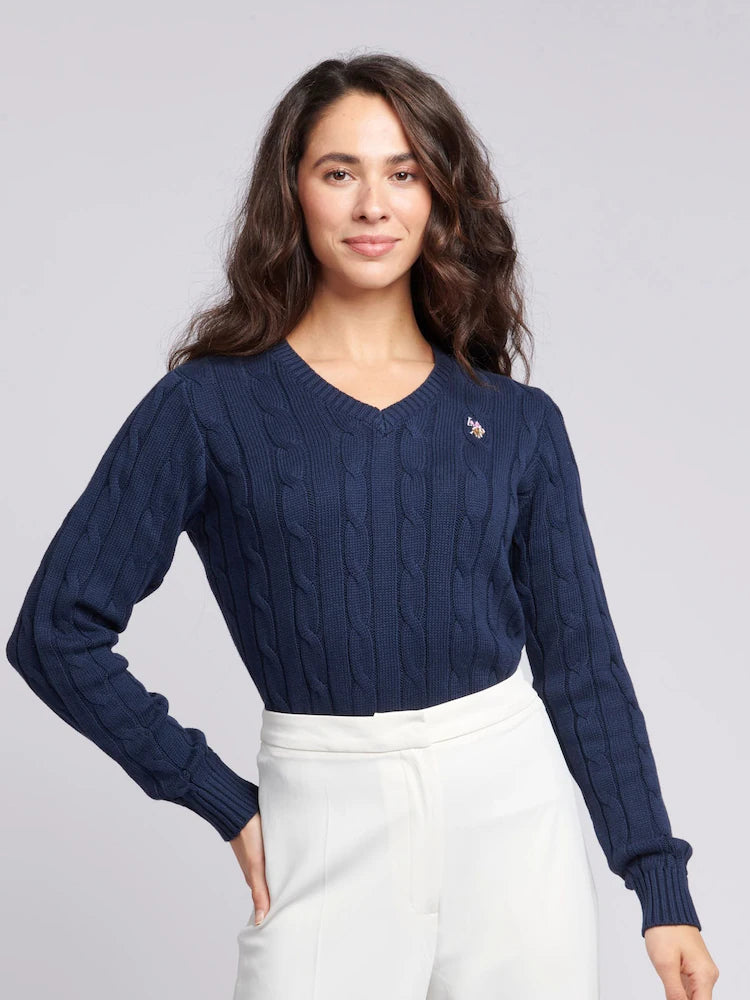 Camisola de mulher azul com decote em V e trama entrançada, da US Polo Assm.