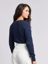 Camisola de homem de malha grossa com decote em V e manga comprida, modelo polo americano.