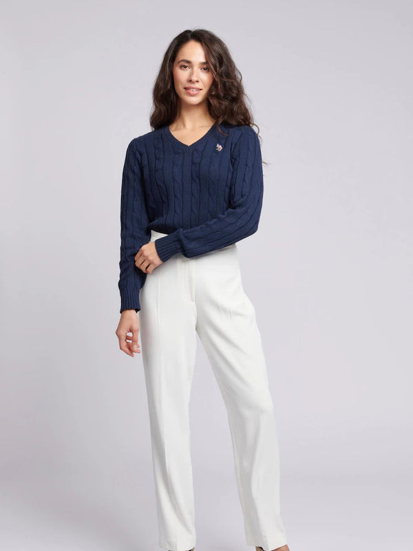 Blue Womens V-Neck Cable Knit Jumper U.S. Polo Assm.