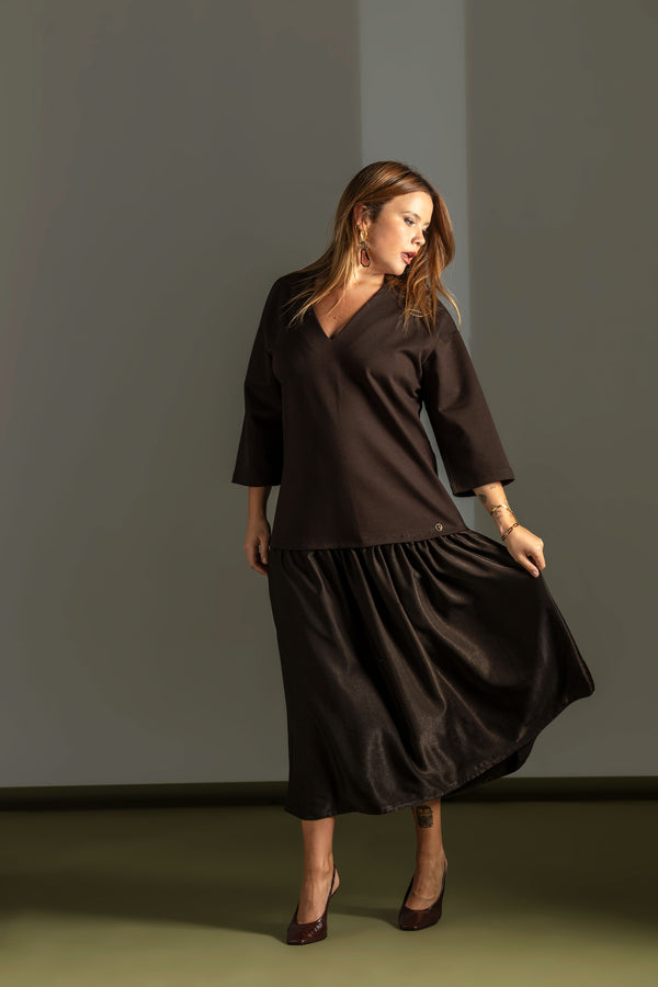 Brown 2-In-1 Soft Touch dress With Satin Midi Skirt Quattro venti
