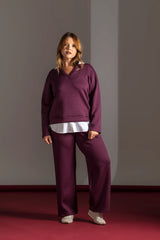 Burgundy Red Supersoft Cosy Rib Wide Leg Knitted Trousers Quattro Venti