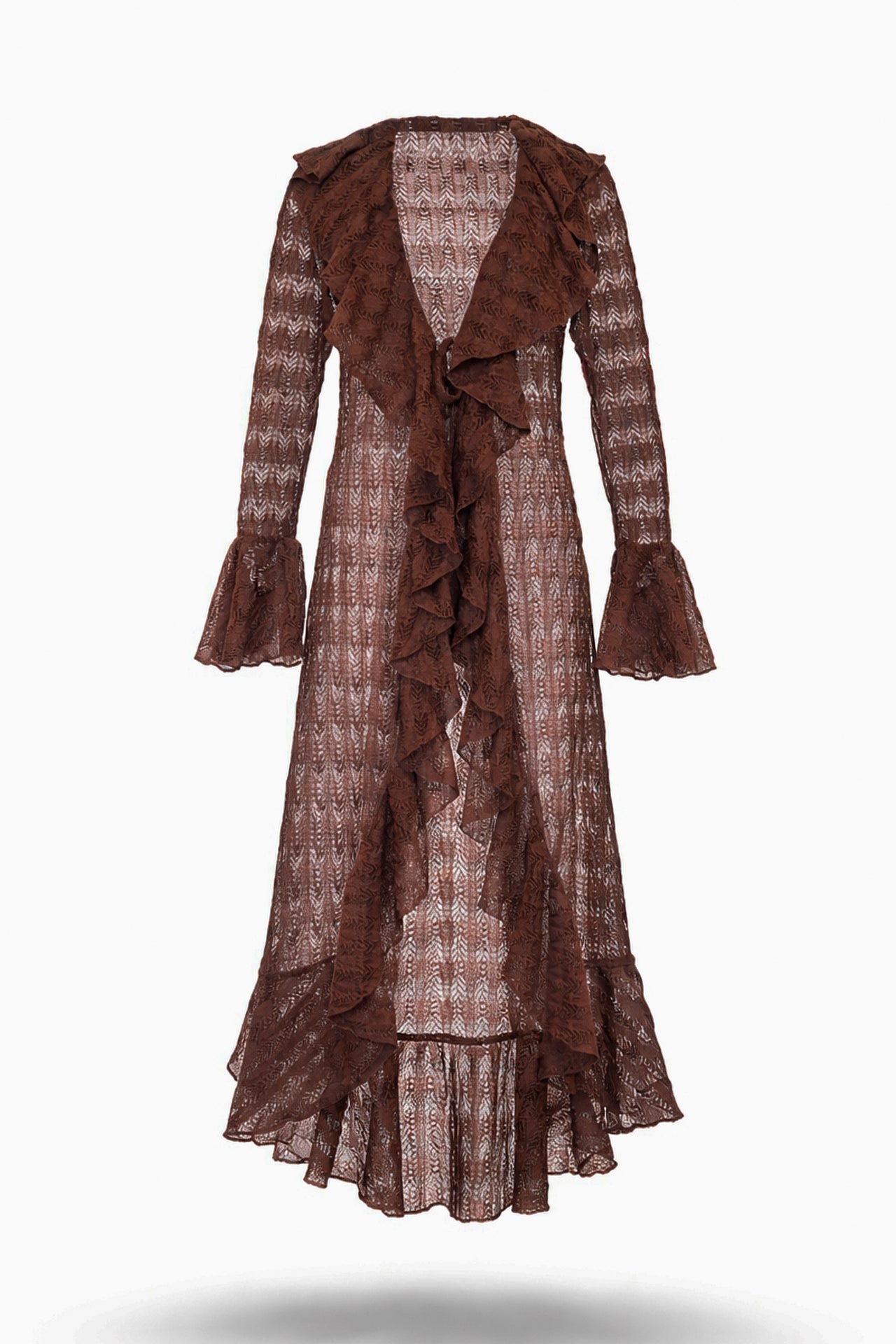 Romantic Floral Lace Duster with Cascading Ruffles Sahoco