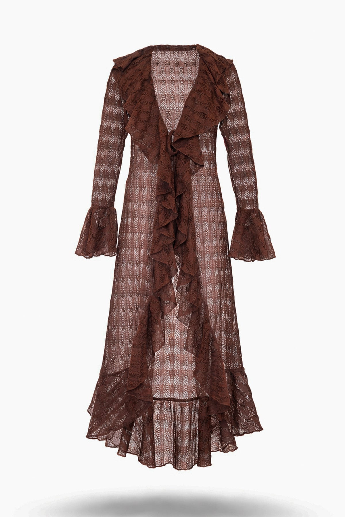 Romantic Floral Lace Duster with Cascading Ruffles Sahoco
