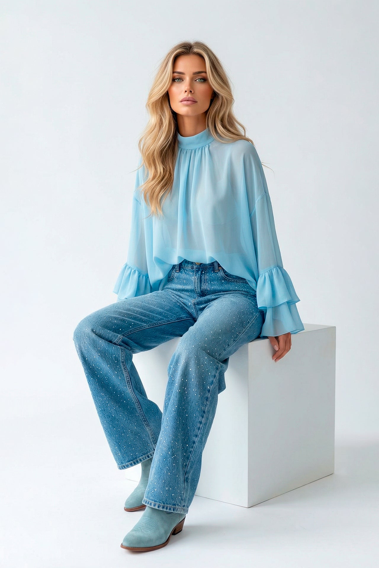 Fluid High-Neck Blouse with Ruffled Cuffs Sahoco