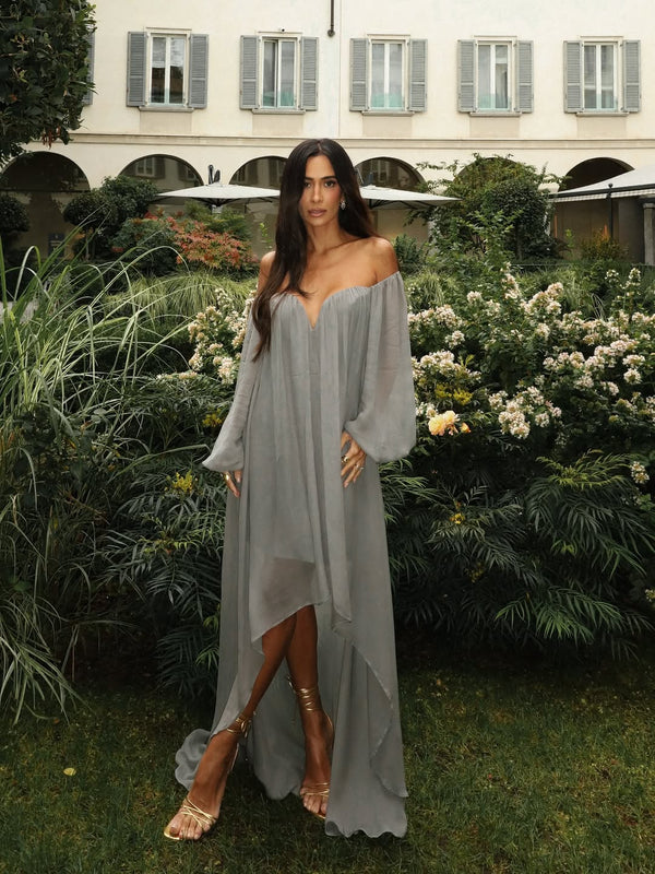 Off-The-Shoulder High-Low Fluid Grey Dress Colcci