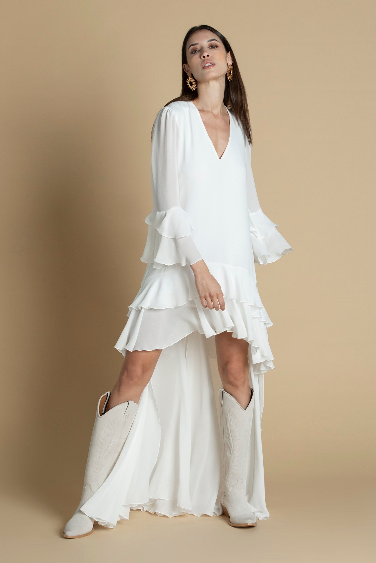 Vestido assimétrico com folhos Sahoco