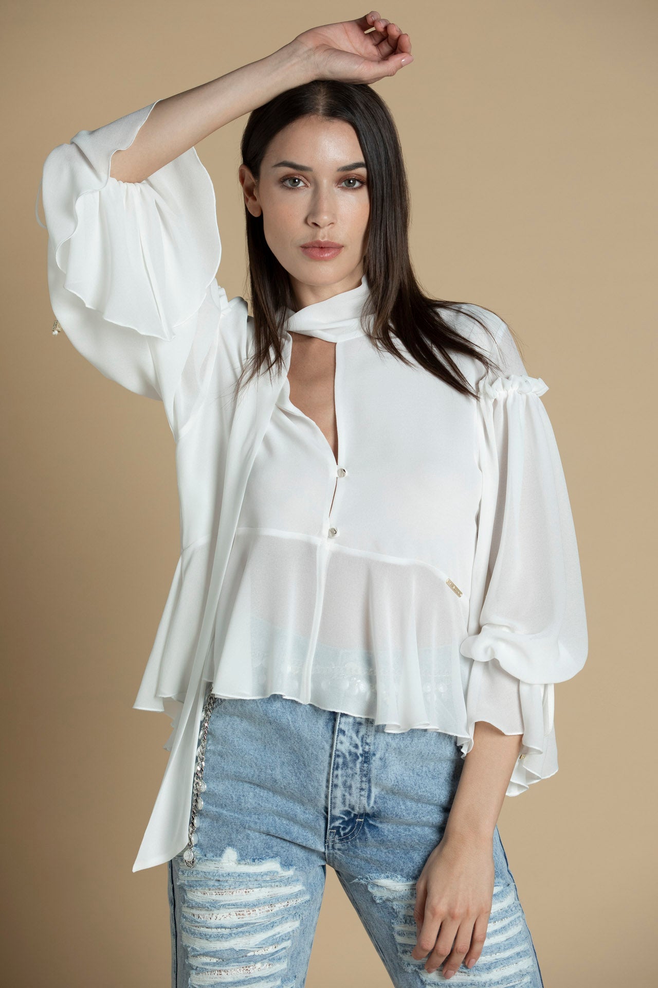 Blusa transparente com folhos Sahoco