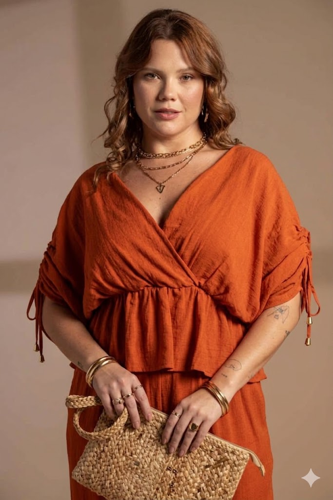 Blusa texturada com decote transpassado e mangas ajustáveis ​​Quattro Venti