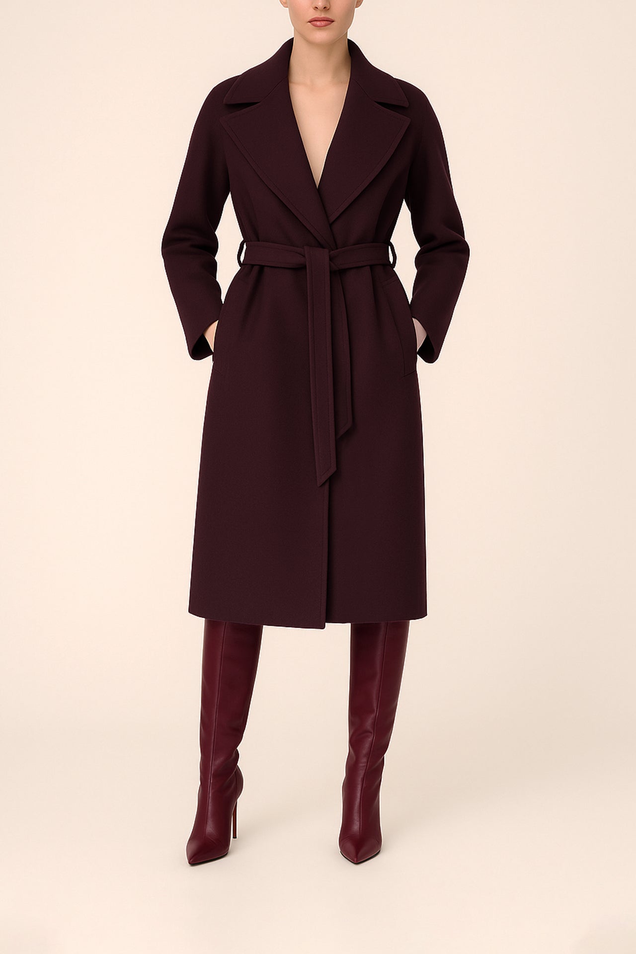 Wide-Collar Belted Long Coat Sahoco