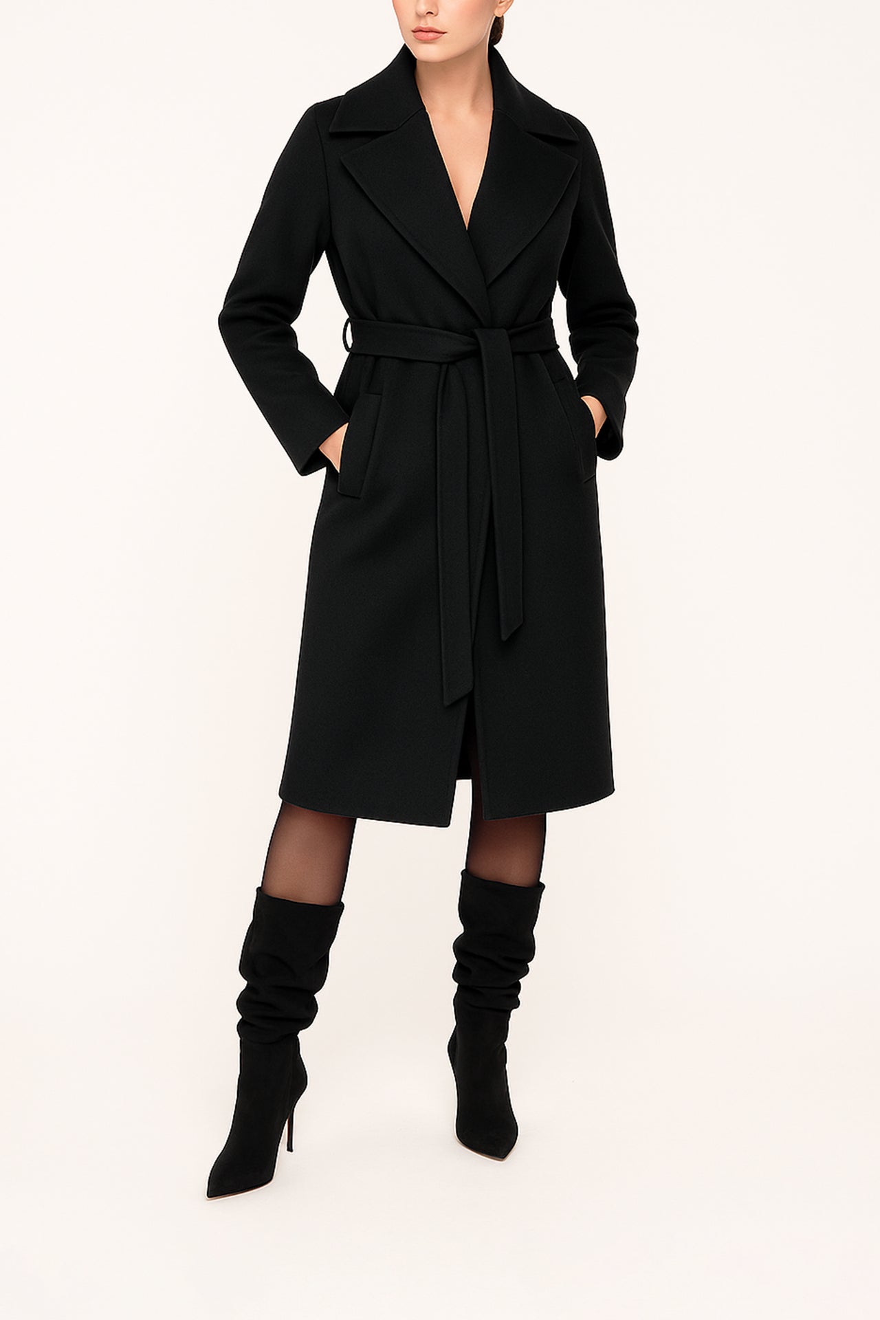 Wide-Collar Belted Long Coat Sahoco