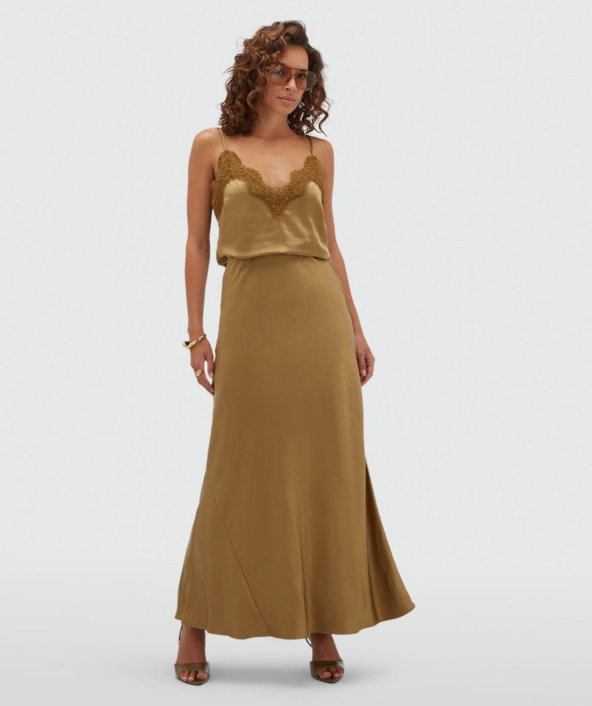 COSETTE High-Waisted Satin Look Maxi Skirt - Khaki JOSH V