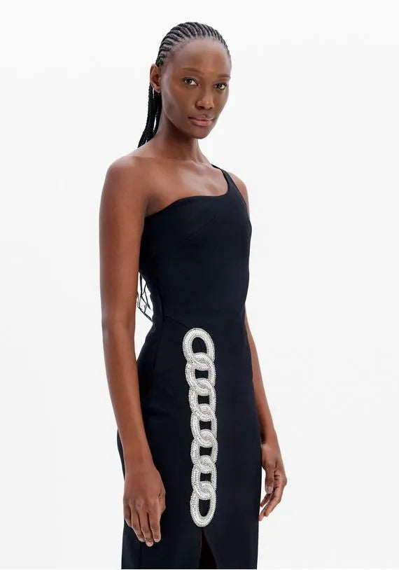 One-Shoulder Super Midi Dress with Sparkle – Modern and Sophisticated Lança Perfume