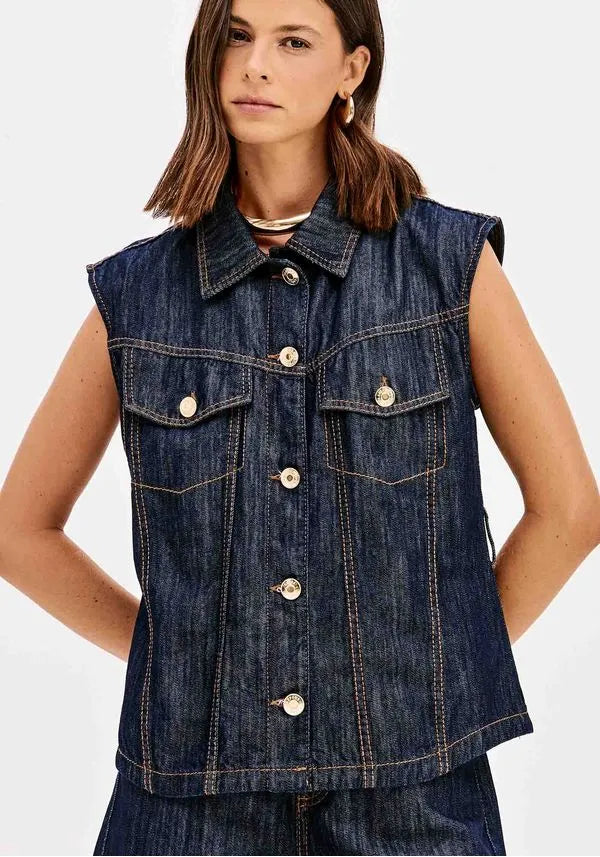 Longline Denim Waistcoat with Buttons Lança Perfume