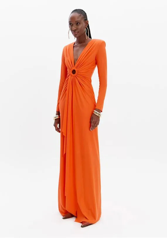 Draped Long Dress with V-Neckline and Ring Detail Lança Perfume