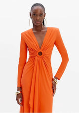 Draped Long Dress with V-Neckline and Ring Detail Lança Perfume